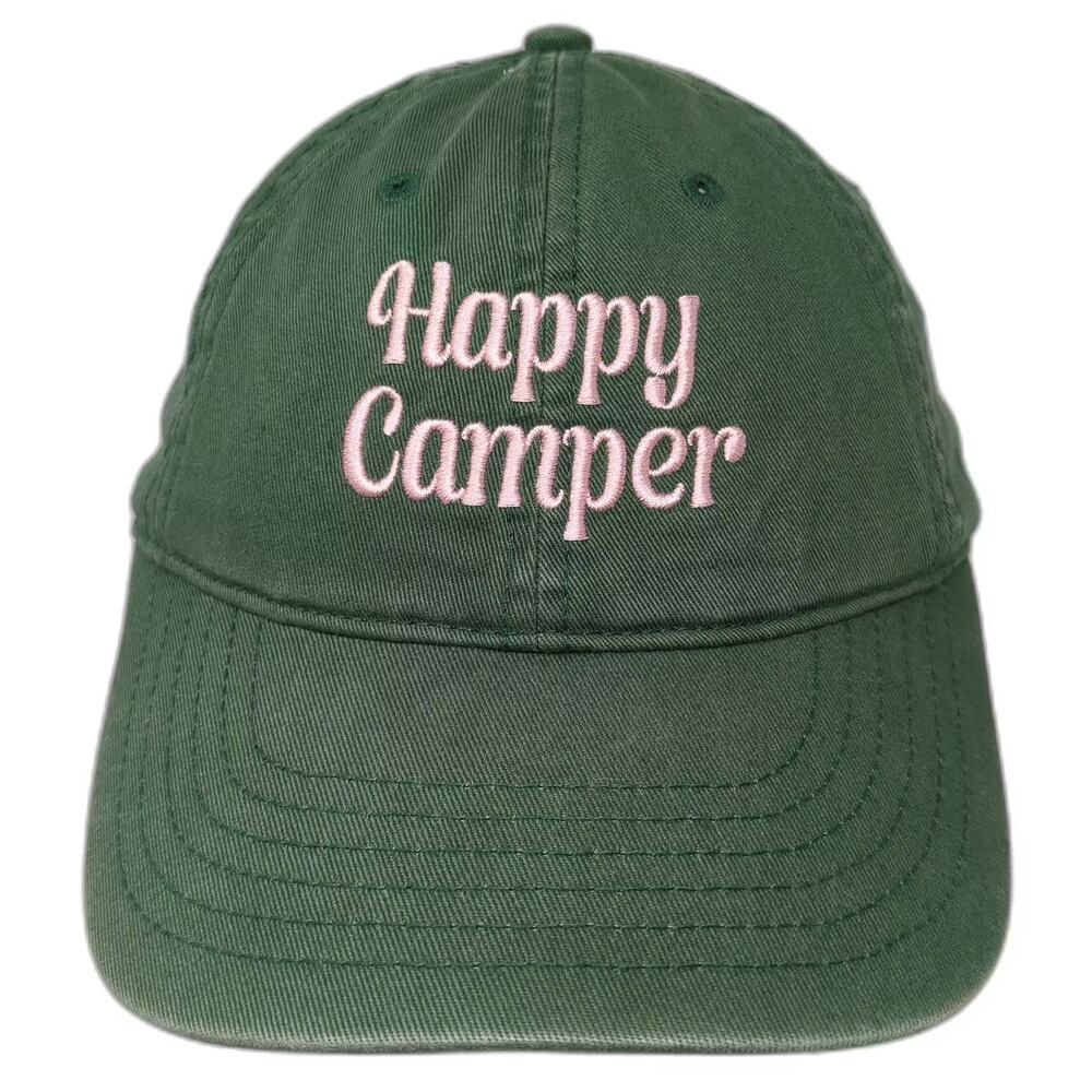 Mighty Fine Happy Camper Baseball Cap Green Pink Hat OS Adjustable Cotton